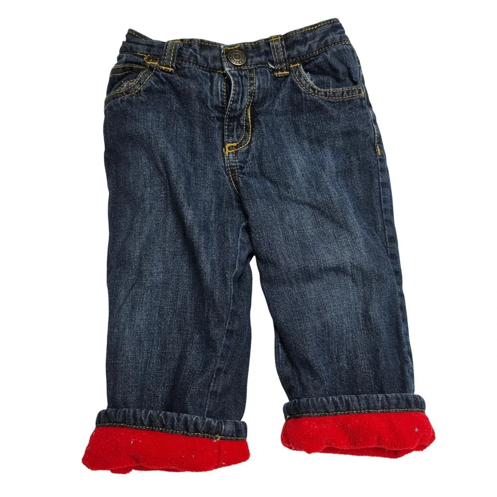 Old Navy Toddler Boys Fleece Lined Denim Jeans Dark Wash Blue Red 12-18 Months